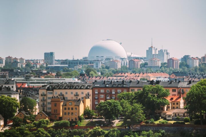 Stockholm, Sweden. Ericsson Globe In Summer Skyline. It’s Currently The Largest Hemispherical Building In The World, Used For Major Concerts, Sport Events